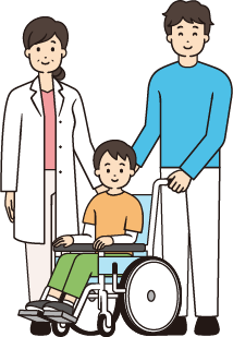 女性の医療関係者と少年の患者さんと介助者のイメージ図。